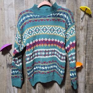 62 East Vintage Teal Turtleneck Southwestern Print Knit Sweater